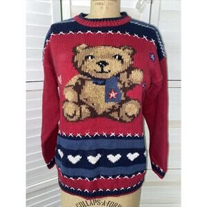 80s 90s March Landing Red Blue Pullover Sweater Teddy Bear Embroidery Sz Small